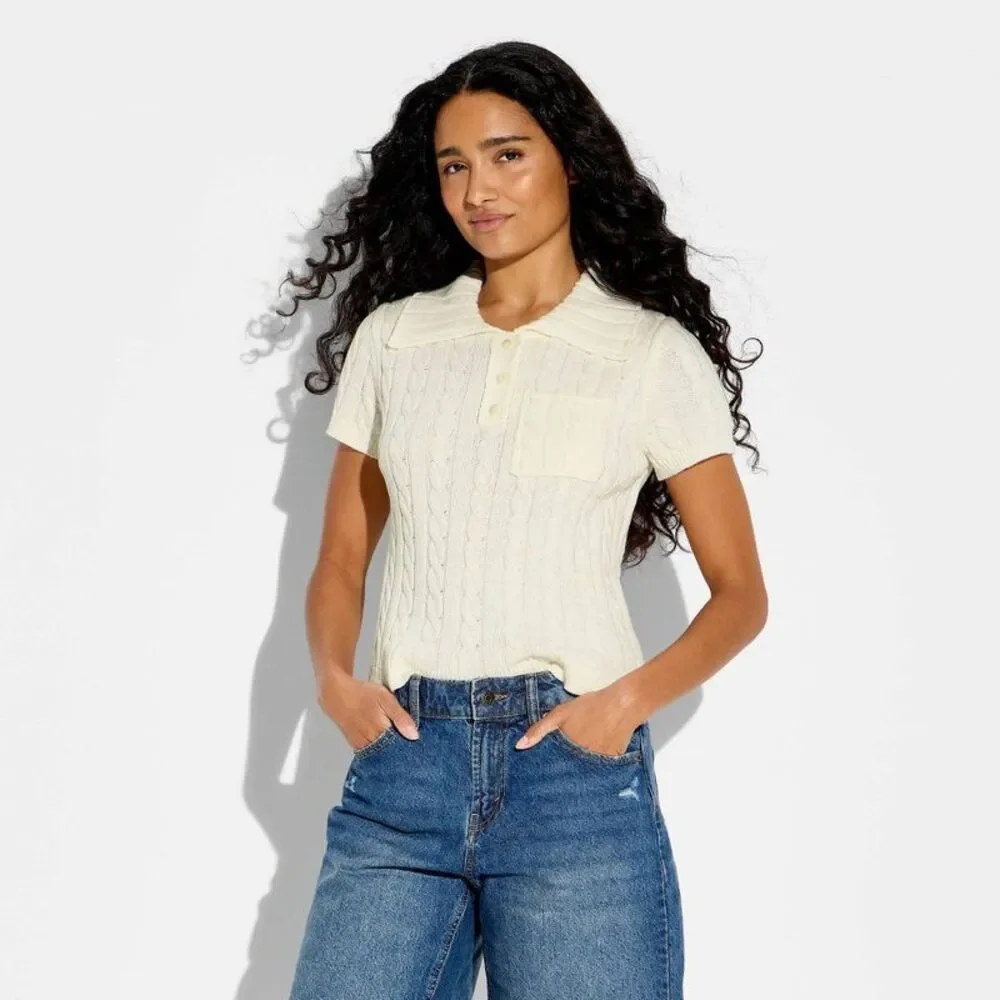 Women's Short Sleeve Cable Polo Pullover Sweater - Wild Fable Cream XL